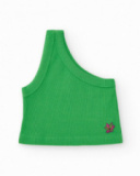Top pour fille en vert avec bretelle asymétrique et broderie florale.