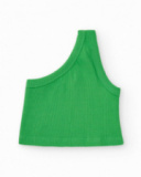 Top pour fille en vert avec bretelle asymétrique et broderie florale.