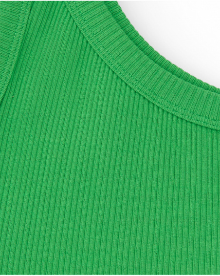 Top pour fille en vert avec bretelle asymétrique et broderie florale.