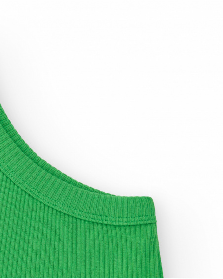 Top pour fille en vert avec bretelle asymétrique et broderie florale.