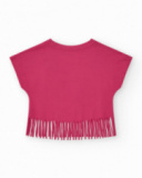 T-shirt pour fille en fuchsia avec imprimé tropical et franges sur le bas.