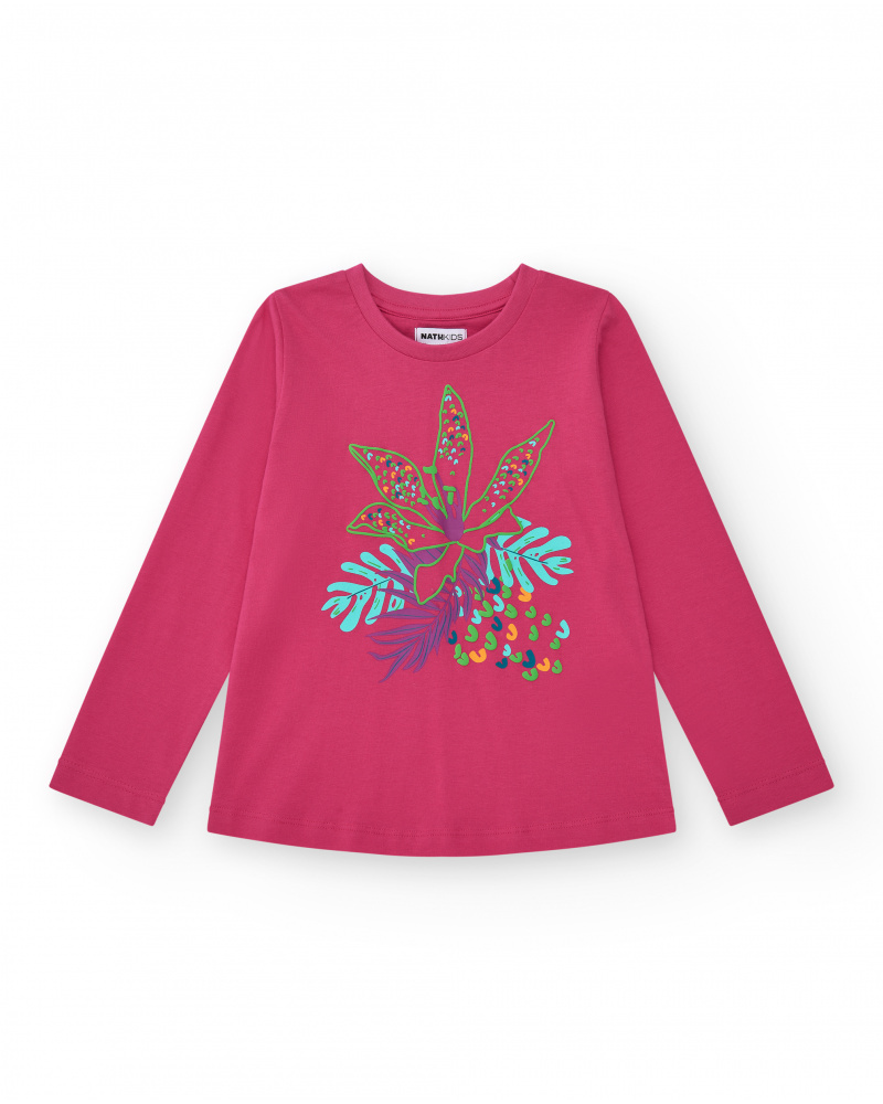 T-shirt pour fille en fuchsia à manches longues avec imprimé tropical.