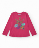 T-shirt pour fille en fuchsia à manches longues avec imprimé tropical.