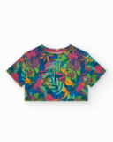 T-shirt pour fille en bleu à manches longues avec imprimé tropical.
