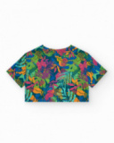 T-shirt pour fille en bleu à manches longues avec imprimé tropical.