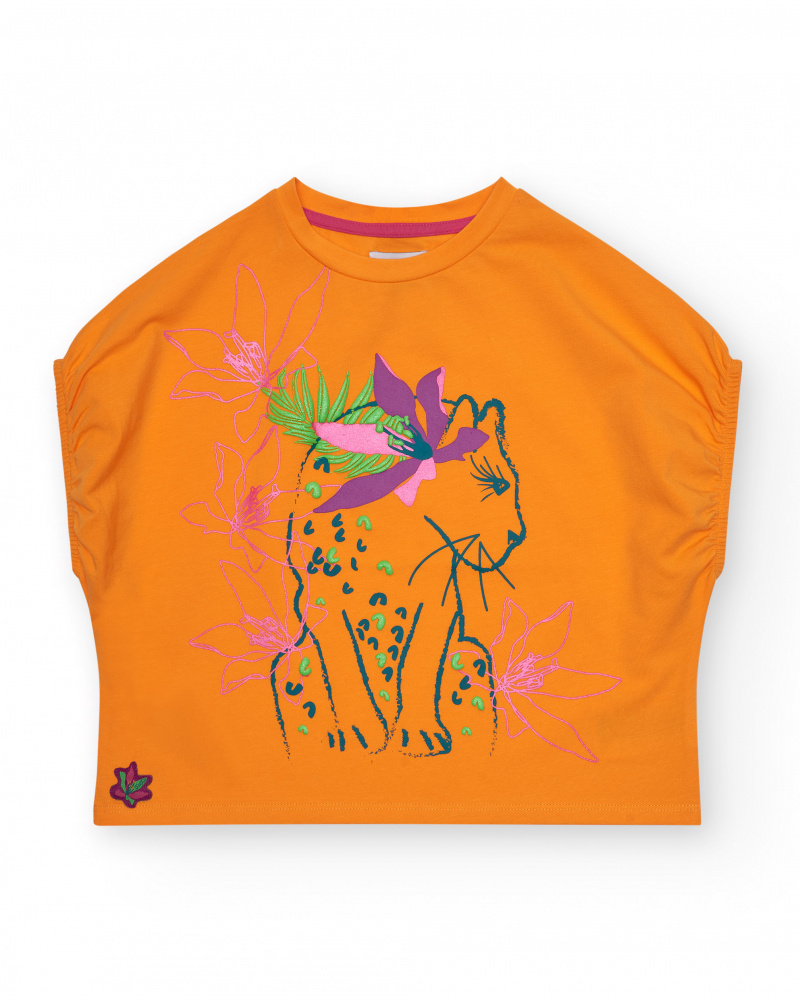 T-shirt pour fille en orange à manches courtes avec détails floraux.