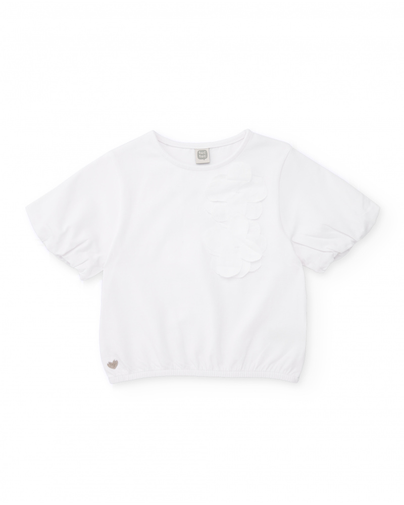 Camiseta de manga corta para niña en blanco con aplique floral