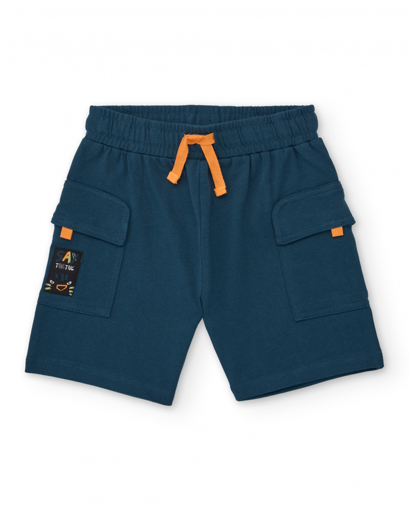 Bermuda tipo cargo para niño en azul petróleo con cordón naranja