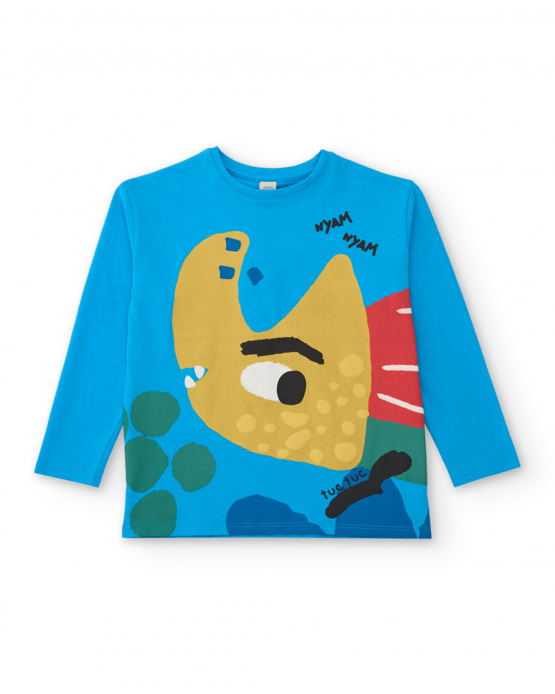 Camiseta de manga larga para niño en azul con estampado de pez
