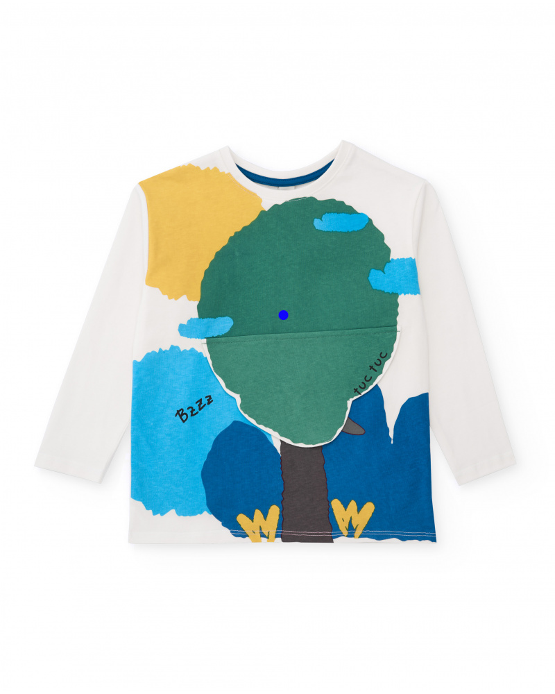 Camiseta de manga larga para niño en blanco con estampado de árbol