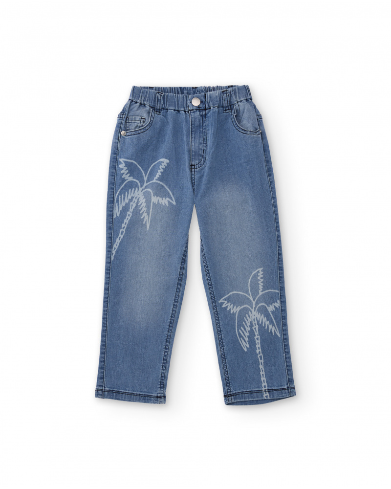 Pantalón vaquero para niño en azul con estampado de palmeras