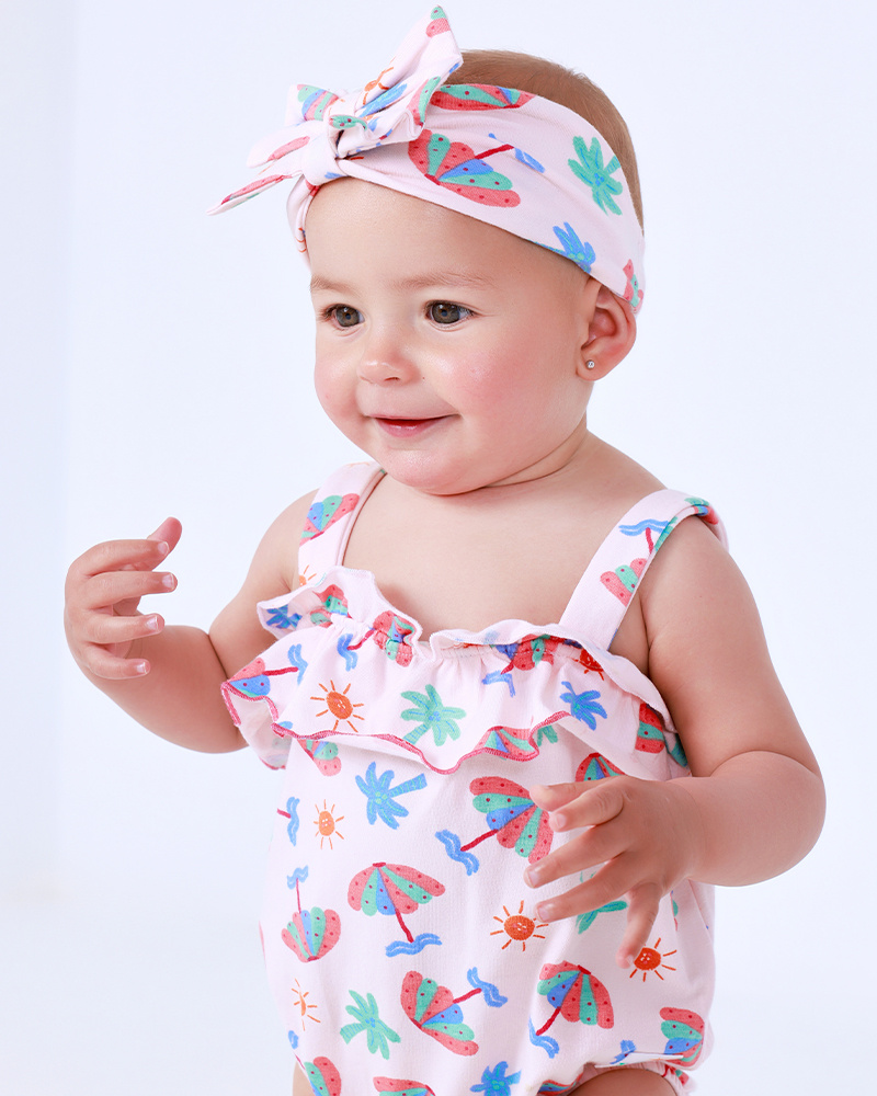 Diadème en tricot pour fille rose avec imprimé tropical de palmiers et soleils