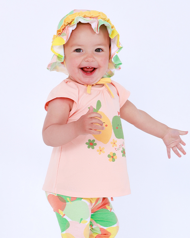 Bonnet multicolore pour fille avec fruits et volants jaunes