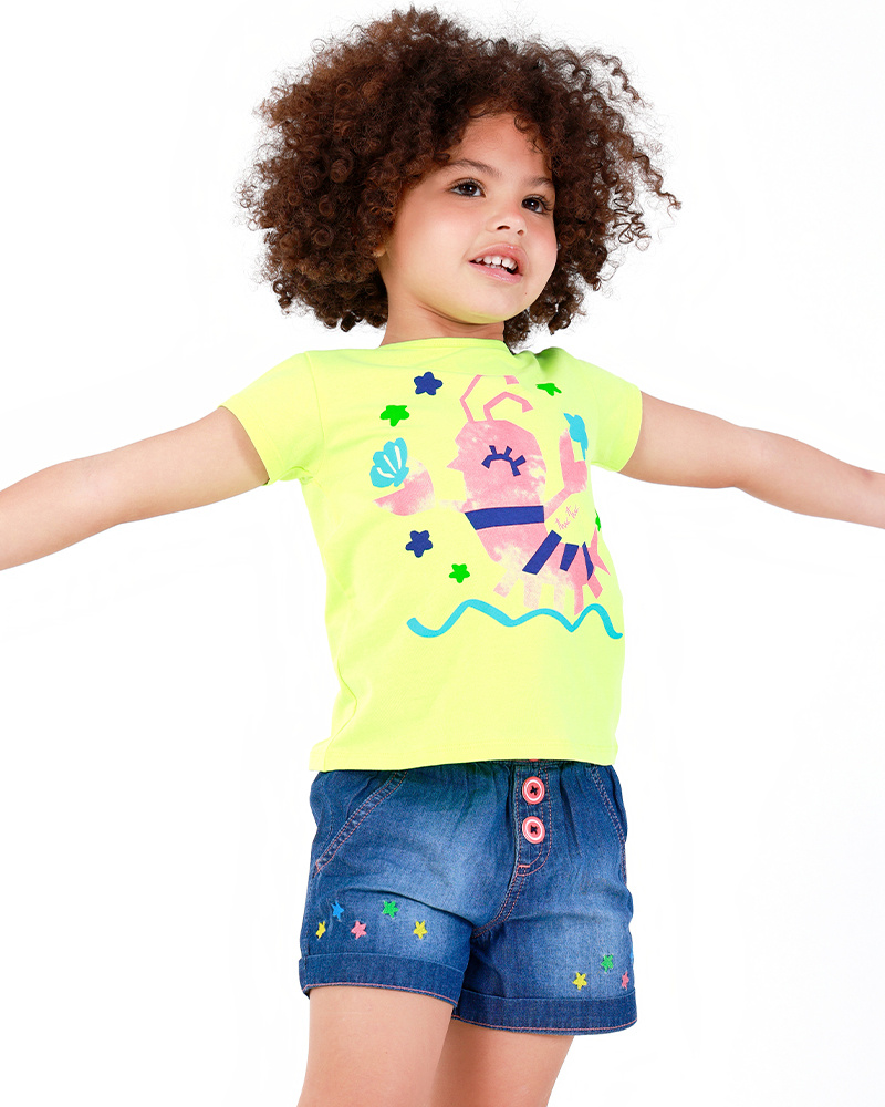 Short en denim pour fille avec taille élastique et broderie d’étoiles