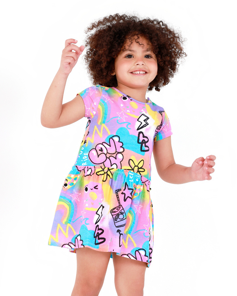Robe rose pour fille avec imprimé d’étoiles et arc-en-ciel