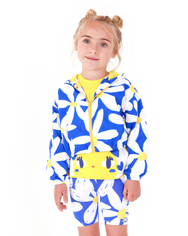 Coupe-vent bleu pour fille avec fleurs et détails jaunes