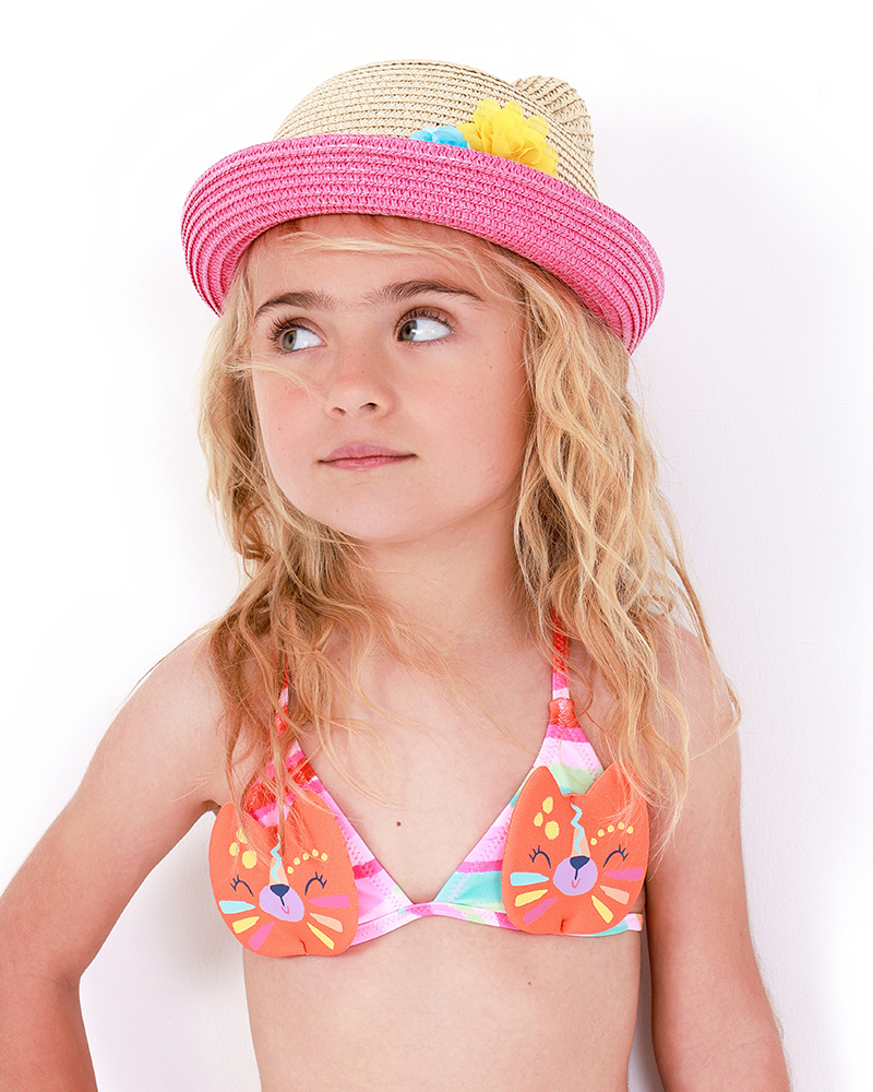 Chapeau en raphia beige pour fille avec bordure rose et oreilles