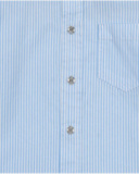 Chemise bleue pour garçon avec fines rayures et manches longues retroussables.
