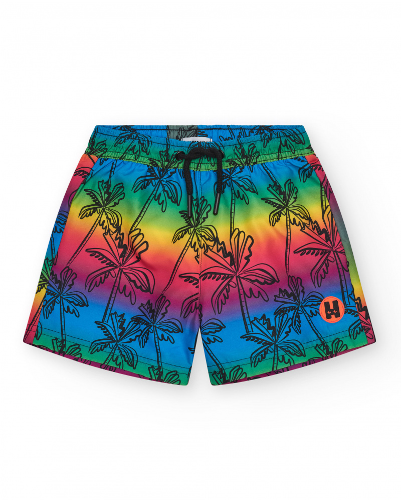 Short de bain multicolore pour garçon avec imprimé palmiers et taille ajustable.