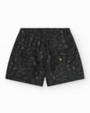 Short de bain noir pour garçon avec imprimé surfeur et cordon fluo.