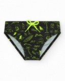 Slip de bain noir pour garçon avec imprimé surfeur et cordon fluo.