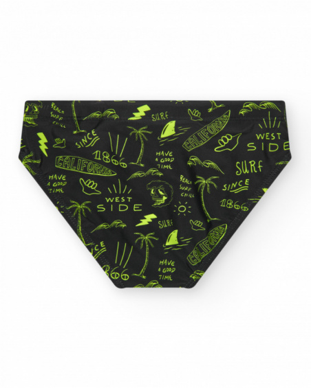 Slip de bain noir pour garçon avec imprimé surfeur et cordon fluo.