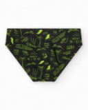 Slip de bain noir pour garçon avec imprimé surfeur et cordon fluo.