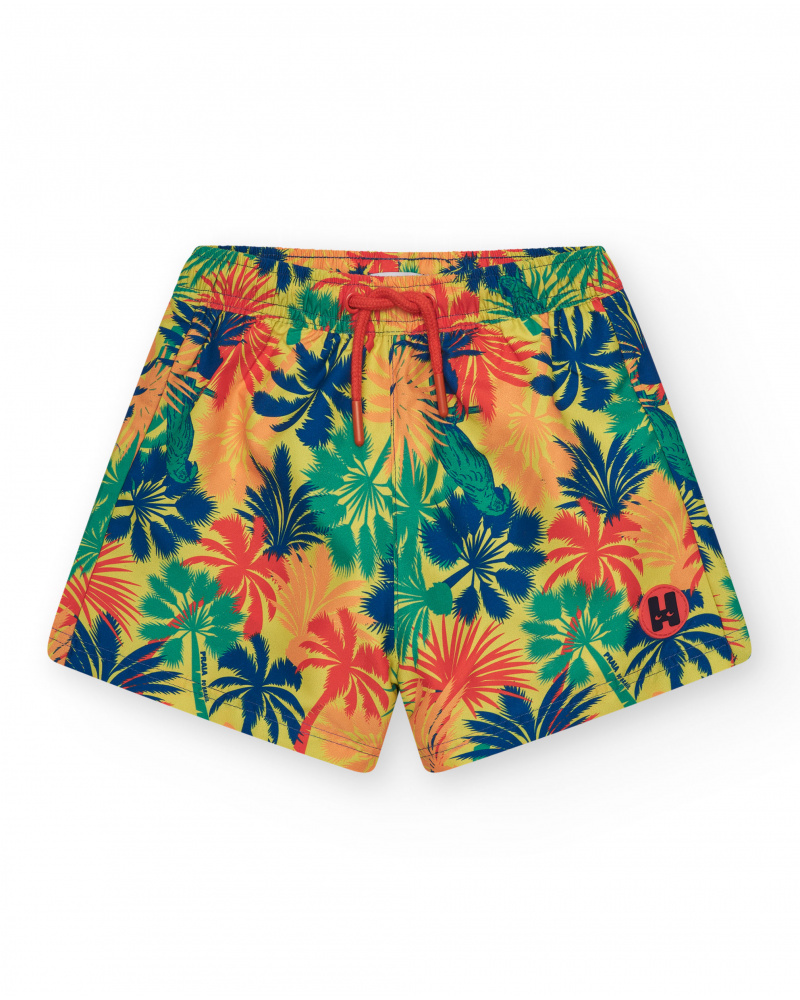 Short de bain multicolore pour garçon avec imprimé tropical et taille élastique.