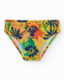 Slip de bain multicolore pour garçon avec imprimé tropical et cordon contrastant.