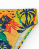 Slip de bain multicolore pour garçon avec imprimé tropical et cordon contrastant.