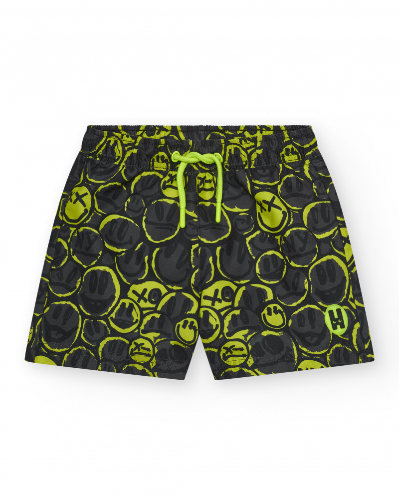 Short de bain noir pour garçon avec imprimé émojis et cordon fluo.