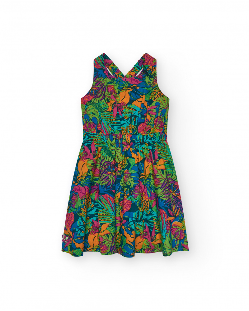 Robe pour fille avec imprimé tropical multicolore et bretelles croisées.