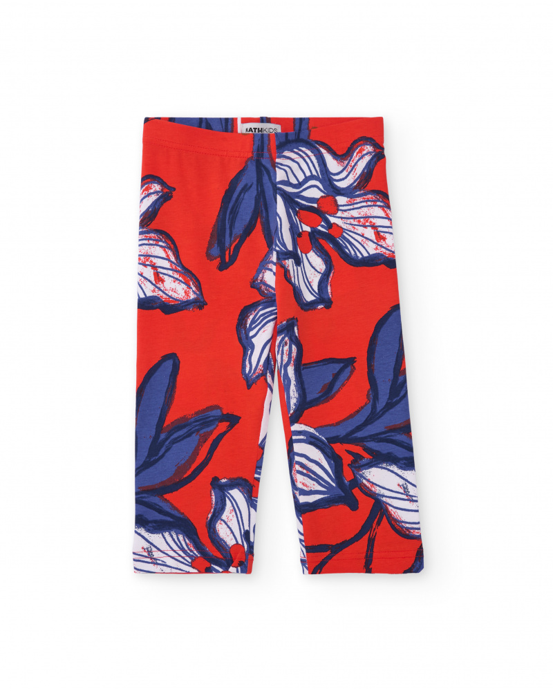 Legging fille en rouge avec imprimé fleuri bleu