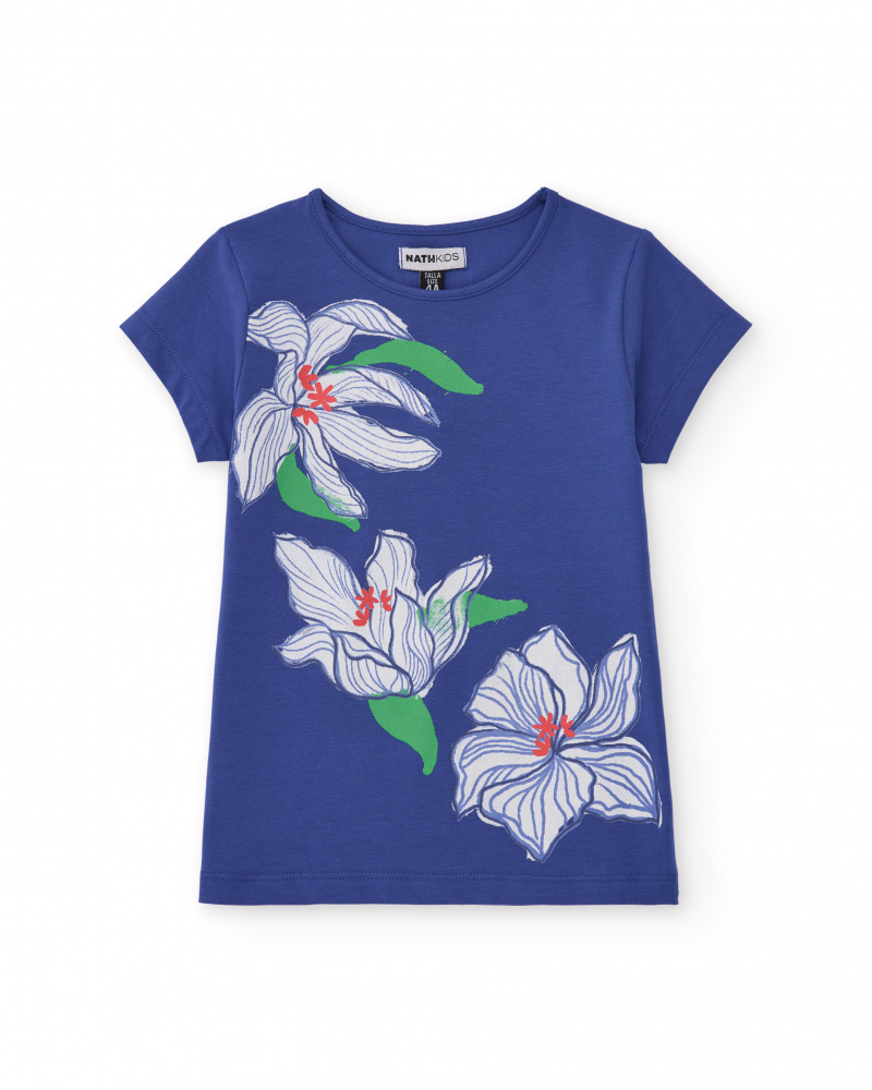 T-shirt fille en bleu cobalt avec imprimé fleuri latéral