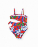 Maillot de bain fille en rouge avec imprimé fleuri et détail asymétrique