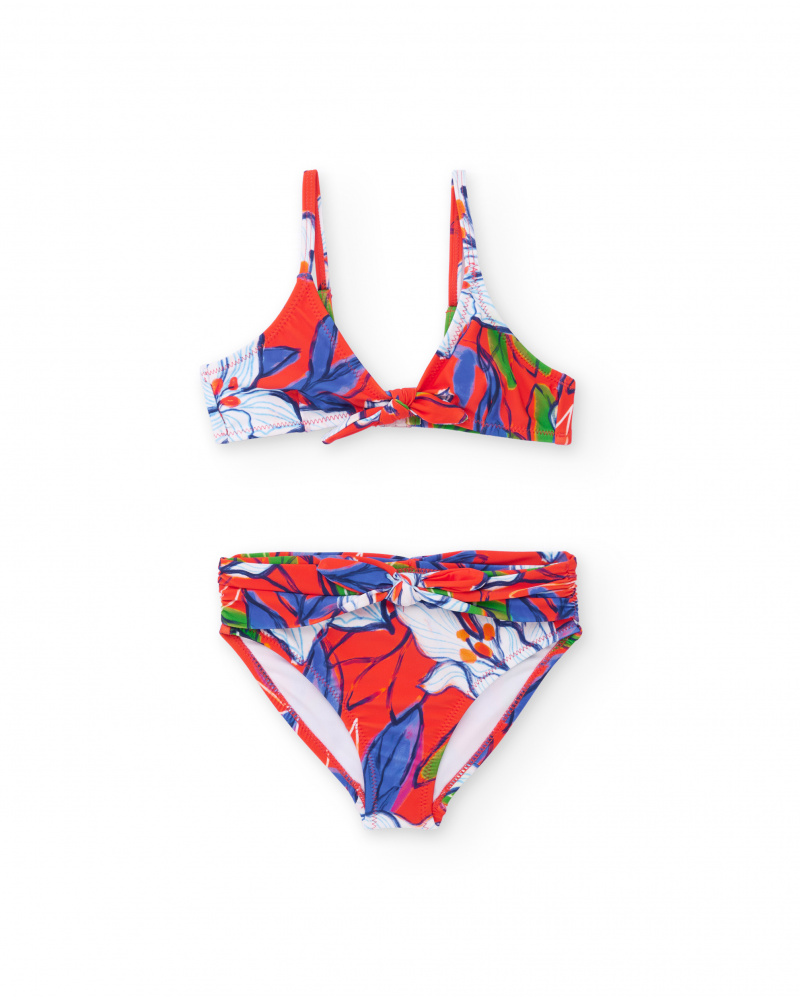 Bikini fille en rouge avec imprimé fleuri et nœuds