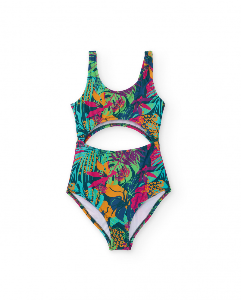 Maillot de bain fille multicolore avec imprimé tropical et découpe