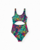 Maillot de bain fille multicolore avec imprimé tropical et découpe