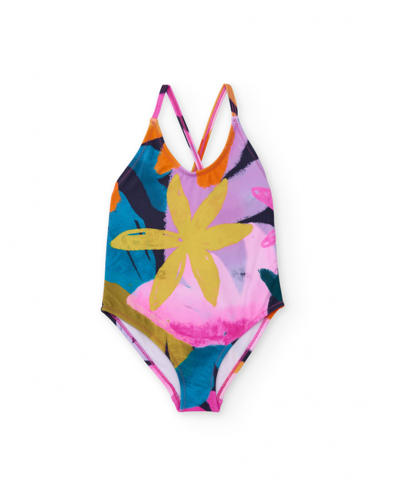Maillot de bain fille multicolore avec imprimé artistique et bretelles croisées