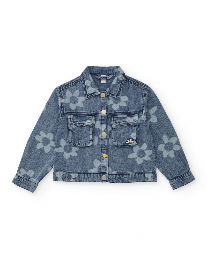 Veste en jean fille bleue avec imprimé floral