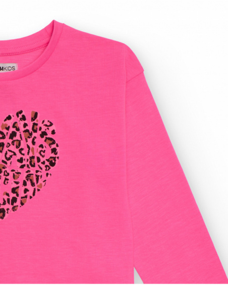 T-shirt à manches longues pour fille fuchsia avec cœur imprimé animal
