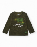 T-shirt vert à manches longues pour garçon avec imprimé montagnes et texte