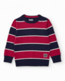 Pull rayé pour garçon en bleu marine et rouge avec écusson décoratif