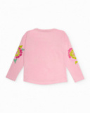 T-shirt rose à manches longues avec fleurs brodées pour fille