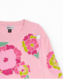 T-shirt rose à manches longues avec fleurs brodées pour fille