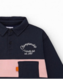 Polo à manches longues pour garçon bleu marine avec bande rose