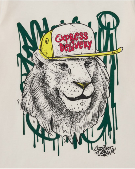 T-shirt écru à manches longues avec imprimé lion urbain pour garçon