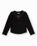 T-shirt noir à manches longues avec nœud en strass pour fille