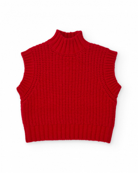 Gilet sans manches rouge en maille pour fille avec col montant