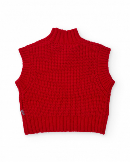 Gilet sans manches rouge en maille pour fille avec col montant